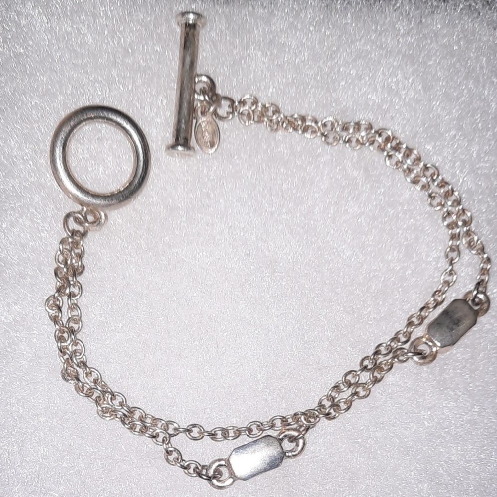 Vintage Monet double strand silvertone bracelet toggle clasp signed 7in apprx